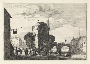 Veduta urbana con un ponte su un fiume (serie: Paesaggi) da Jan van de Velde (II)