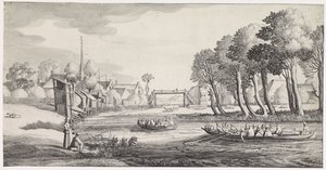 Due barche a remi su un fiume vicino a un villaggio da Jan van de Velde (II)
