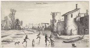 Paesaggio invernale con pattinatori vicino a una cinta muraria