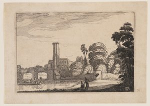 Traghetto davanti a un ponte di pietra da Jan van de Velde II
