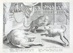 Alessandro Magno mette in scena uno spettacolo, lotta tra leone, cane ed elefante, illustrazione da 