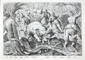 Gli elefanti fanno un grande rumore mentre vengono colpiti dalle lance dei cacciatori, illustrazione da 