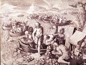 Pesca delle ostriche. XVII secolo. Incisione di Giovanni Stradano (Jan Van Der Straet) (Johannes Stradanus) (1523-1605). da Jan van der Straet