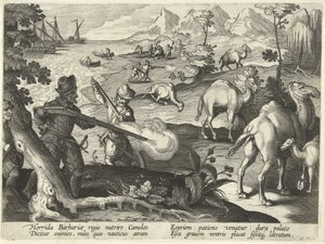 Marinai in un paese barbaro orribile uccidono cammelli con moschetti per alleviare la loro fame, illustrazione da 
