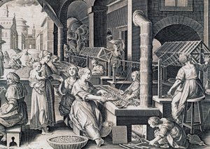 Vermis sericus, donne che filano seta e riscaldano bachi da seta sul fuoco, incisione di Stradanus (1523-1605), Italia