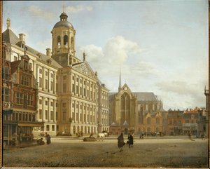 Via Dam e il nuovo municipio di Amsterdam, Paesi Bassi ... da Jan van der (manner of) Heyden