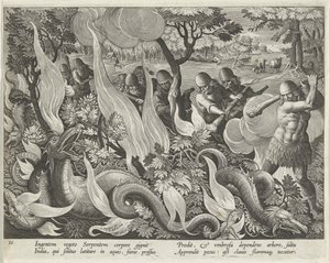 Cattura di Serpenti in India Usando Mazze e Torce per Illuminare la Vegetazione, tavola 44 da Venationes Ferarum, Avium, Piscium (Della Caccia: Bestie Selvatiche, Uccelli, Pesci) pub. 1640 da Jan van der 1523 1605 Straet