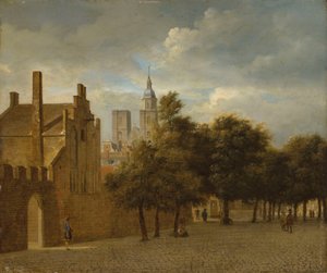Un paesaggio urbano con figure che passeggiano, una chiesa al di là di esso da Jan van der Heyden