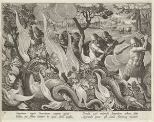 Cattura di serpenti in India usando bastoni e torce per illuminare la boscaglia, incisione pubblicata nel 1640 da Jan van der Straet
