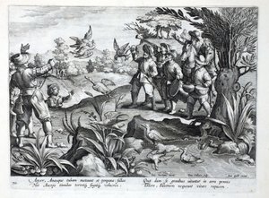 Cacciatori che usano falchi per cacciare le oche, illustrazione da 
