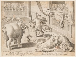 Un soldato romano che combatte uno degli elefanti di Annibale, tav. 7 nella serie Venationes Ferarum, Avium, Piscium