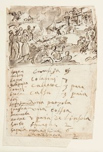 Morte della donna di Sestos, dalla Storia Naturale di Plinio, Libro 10, cap. 6; sotto: iscrizione che elenca gli animali presenti in una serie di immagini di caccia e lista di articoli di abbigliamento da Jan van der Straet, called Stradanus