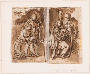 Mezza pagina di un taccuino; Vergine e Bambino e una terza figura da Jan van der Straet, called Stradanus