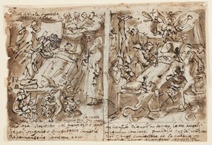 Pagina di un taccuino; Potenze celesti che aiutano i pii; Schizzo per ritratto di santo; Decorazione del frontone da Jan van der Straet, called Stradanus