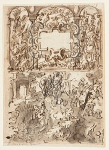 Pagina di un taccuino; pagina del titolo per la serie di incisioni sulla caccia; incidente di un cacciatore da Jan van der Straet, called Stradanus