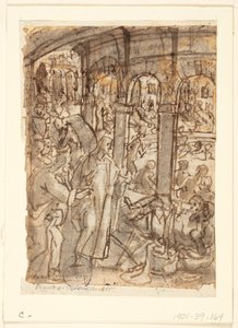 Recto: Cristo guarisce i paralitici vicino alla piscina di Bethesda; Verso, sopra: Mercurio, patrono dei viaggiatori; Verso, sotto: studi di un uomo vicino a una porta aperta da Jan van der Straet, called Stradanus