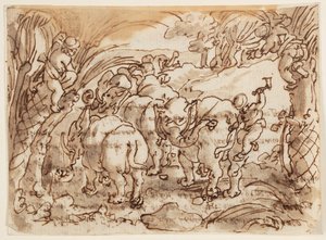 Recto: Elefanti cacciati dai trogloditi; Verso: iscrizione relativa alla Storia naturale di Plinio il Vecchio, Libro 8, cap.8