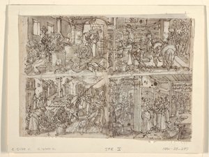 Recto: Quattro disegni preliminari per la serie di stampe "Vermis Sericus" (Produzione della seta). In alto a sinistra: Avvolgimento della seta. In basso a sinistra: preparazione delle foglie di gelso. In alto a destra: disposizione delle foglie sugli scaf
