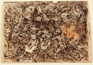 Recto: "Indiani" in Messico cacciano usando torce per far uscire gli animali; Verso: San Giacomo a cavallo, sconfiggendo i Saraceni a Clavijo da Jan van der Straet, called Stradanus