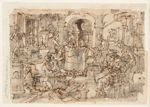 Recto: Invenzione della distillazione, disegno preliminare per "Distillatio," tavola 7 nella serie di stampe Nova Reperta (Nuove Invenzioni dei Tempi Moderni) da Jan van der Straet, called Stradanus