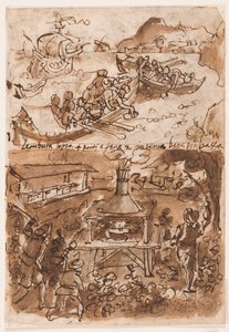 Recto, sopra: Raccolta di bitume, dalla Storia naturale di Plinio, Libro 35, cap 51; Recto, sotto: Cattura di falene notturne. Verso, sopra: Caccia al bufalo; Verso, sotto: Pesca del corallo in Sicilia, dalla Storia naturale di Plinio il Vecchio da Jan van der Straet, called Stradanus