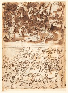 Recto, sopra: Diana e Atteone; Recto, sotto: Caccia al Cinghiale; Verso, sopra: studi di due teste maschili; Verso, sotto: Incontro di Anna e Gioacchino alla Porta d