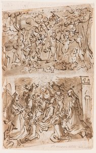 Giovane San Giovanni Battista guidato dagli angeli nel deserto; Sacra Conversazione con Sante Barbara e Caterina; Crocifissione; Cristo guarisce i paralitici vicino alla piscina di Bethesda da Jan van der Straet, called Stradanus