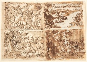 Recto, in alto a sinistra: Cervo attaccato da una lince; in alto a destra: Clelia e le sue compagne fuggono dal campo di Porsenna; in basso a destra: Donne che cacciano; in basso a sinistra: Caccia al cervo, con un cervo che nasconde il suo odore. Verso: D
