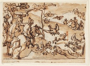 Pagina di taccuino con caccia alla lepre e falchi da Jan van der Straet, called Stradanus
