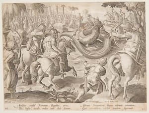 Il console romano Attilio Regolo combatte un gigantesco serpente africano, tavola 25 nella serie Venationes Ferarum