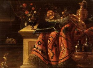 Una natura morta con un vaso di fiori, frutta in una ciotola, un
