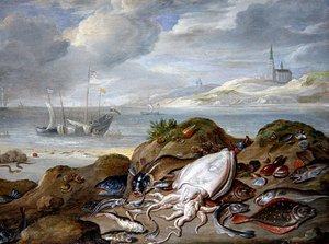 Paesaggio Estuario con Pesci su una Duna da Jan van the Elder Kessel
