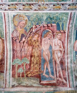 Chiesa fortificata di Hrastovlje, Chiesa della Trinità, Adamo ed Eva espulsi dal Paradiso (1490) (dettaglio) da Janez Kastav