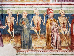 Chiesa fortificata di Hrastovlje, Chiesa della Trinità, La morte accompagna il vescovo e il monaco, Danza della Morte (1490), dettaglio degli affreschi di Janez Iz Kastva, Slovenia da Janez Kastav