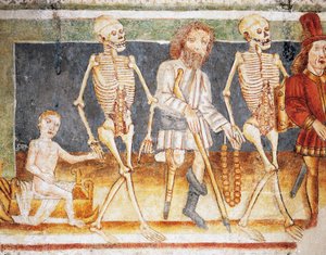 Chiesa fortificata di Hrastovlje, Chiesa della Trinità, La Morte accompagna il bambino e il povero, Danza della Morte (1490), dettaglio dagli affreschi di Janez Iz Kastva (1490), Slovenia da Janez Kastav