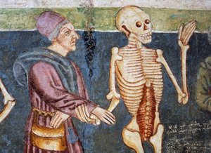 Chiesa fortificata di Hrastovlje, Chiesa della Trinità, La Morte accompagna il medico, Danza Macabra (1490), (dettaglio) da Janez Kastav