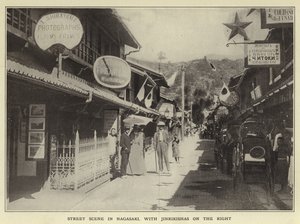 Scena di strada a Nagasaki, con Jinrikishas a destra