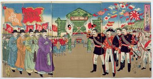 Un incontro tra ufficiali giapponesi e funzionari coreani, un episodio della guerra sino-giapponese, fine XIX secolo da Japanese School