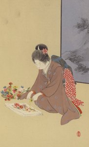 Una giovane ragazza che gioca con i crisantemi da Japanese School