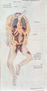 Un corpo sventrato dalla dissezione di una vittima di tortura del 1796, da un makimono di un medico Midori, 1842 da Japanese School