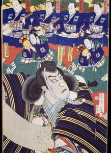 Attori, narratori e suonatori di shamisen, scena del teatro Kabuki