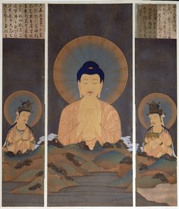 Apparizione della Trinità Buddhista, Buddha Amitabha e i suoi due Bodhisattva, Kannon (Compassione) e Seishi (Saggezza) sulla montagna, illustrazione dalla rivista 