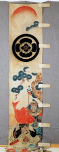 Banner (nobori), dettaglio dei motivi dei Sette Dei della Fortuna, stemmi di famiglia, fiore in cerchio, in cotone, tinto in riserva con amido di riso, con pigmenti, inchiostro, sostanze chimiche, inchiostro, civiltà giapponese, periodo Meiji-Taisho, XX se