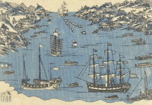 Stampa Bunkindo di navi straniere nel porto di Nagasaki, 1800-50