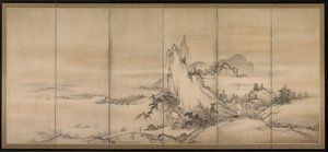 Paesaggio cinese, uno di un paio di schermi a sei pieghe da Japanese School