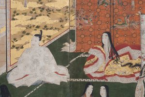 (dettaglio) Primavera nel Palazzo, schermo a sei pieghe da Il Racconto di Genji, c.1650 (inchiostro, colori e oro su carta) da Japanese School