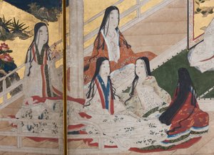 (dettaglio) Primavera nel Palazzo, schermo a sei pieghe da Il Racconto di Genji, c.1650 (inchiostro, colori e oro su carta) da Japanese School