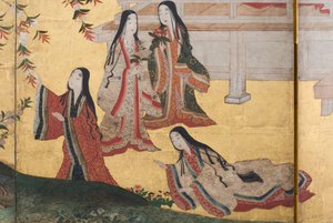 (dettaglio) Primavera nel Palazzo, schermo a sei pieghe da Il Racconto di Genji, c.1650 (inchiostro, colori e oro su carta) da Japanese School