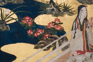 (dettaglio) Primavera nel Palazzo, schermo a sei pieghe da Il Racconto di Genji, c.1650 (inchiostro, colori e oro su carta) da Japanese School