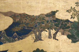 (dettaglio) Primavera nel Palazzo, schermo a sei pieghe da Il Racconto di Genji, c.1650 (inchiostro, colori e oro su carta) da Japanese School